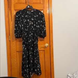 Black Floral Midi Dress with Belt